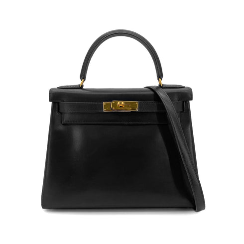 HERMES KELLY 28 RETOURNE BLACK BOX CALF HAND BAG 〇W GHW 90301095 - PURPOSE