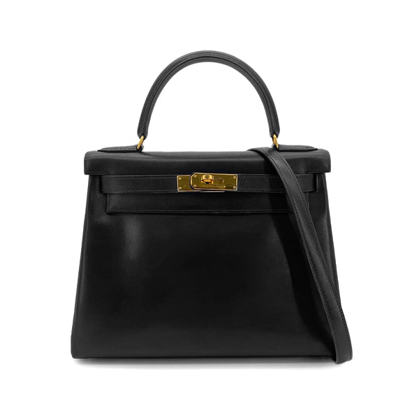 HERMES KELLY 28 RETOURNE BLACK BOX CALF HAND BAG 〇W GHW 90301095 - PURPOSE
