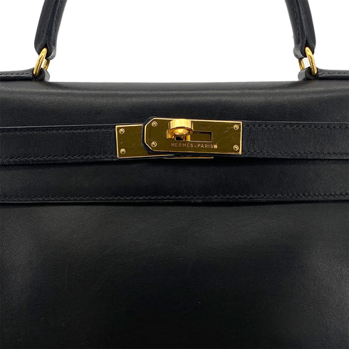 HERMES KELLY 28 RETOURNE BLACK BOX CALF HAND BAG 〇W GHW 90301095 - PURPOSE