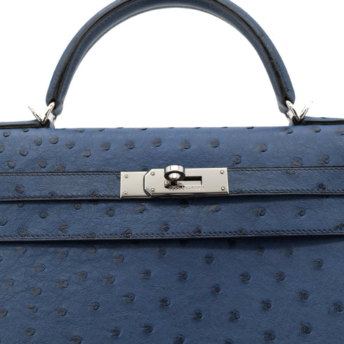 HERMES KELLY 32 SELLIER BLUE ROY OSTRICH HAND SHOULDER BAG □E SHW 90301096 - PURPOSE