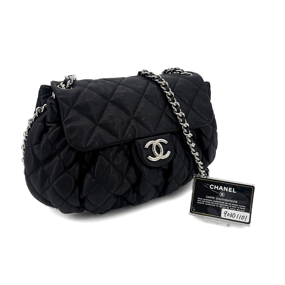 CHANEL MATELASSE CHAIN AROUND SHOULDER BAG BLACK LEATHER 90301101