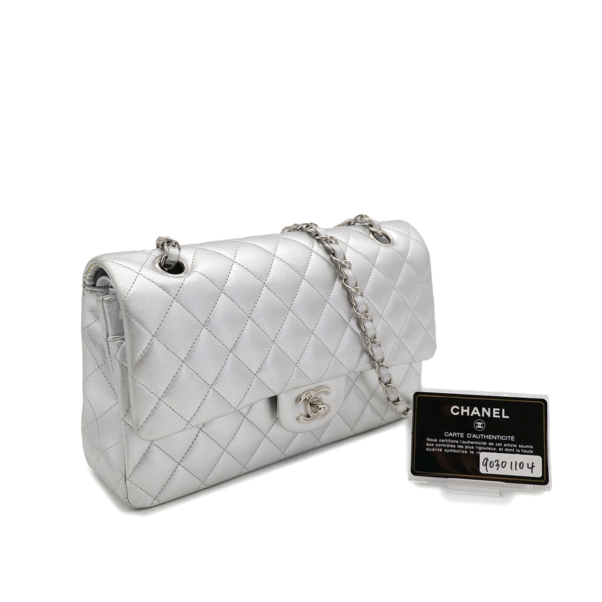 CHANEL CLASSIC FLAP MEDIUM CHAIN SHOULDER BAG SILVER LAMB SKIN 90301104