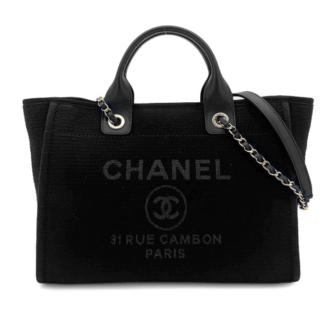 CHANEL DEAUVILLE MM CHAIN TOTE BAG BLACK CANVAS LEATHER 90301107 - PURPOSE