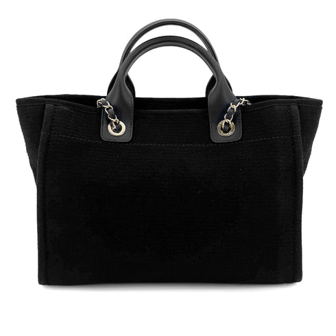 CHANEL DEAUVILLE MM CHAIN TOTE BAG BLACK CANVAS LEATHER 90301107 - PURPOSE