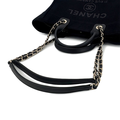 CHANEL DEAUVILLE MM CHAIN TOTE BAG BLACK CANVAS LEATHER 90301107 - PURPOSE