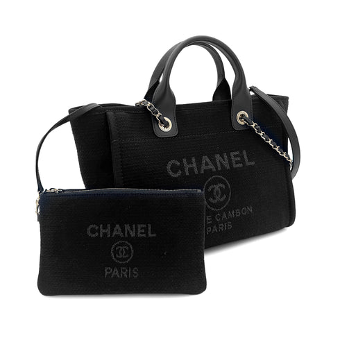CHANEL DEAUVILLE MM CHAIN TOTE BAG BLACK CANVAS LEATHER 90301107 - PURPOSE