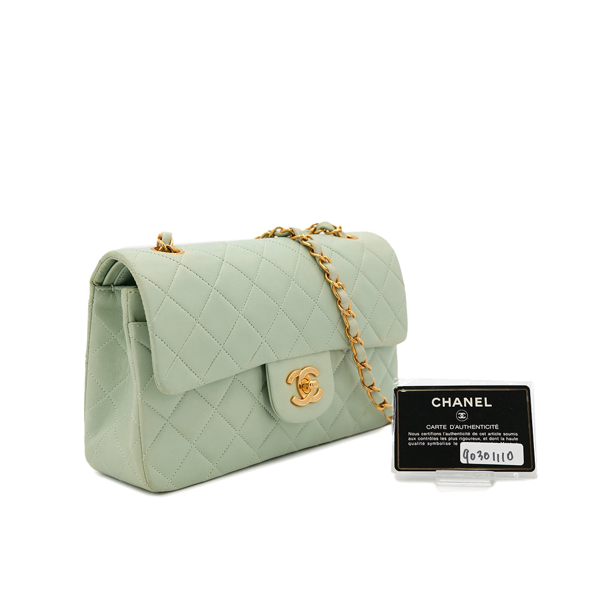 CHANEL VINTAGE CLASSIC FLAP SMALL CHAIN SHOULDER BAG LIGHT GREEN LAMB SKIN 90301110
