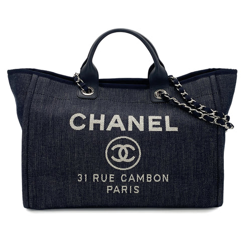 CHANEL DEAUVILLE GM CHAIN TOTE BAG NAVY CANVAS LEATHER 90301111 - PURPOSE