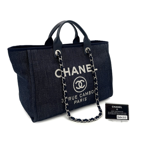 CHANEL DEAUVILLE GM CHAIN TOTE BAG NAVY CANVAS LEATHER 90301111 - PURPOSE
