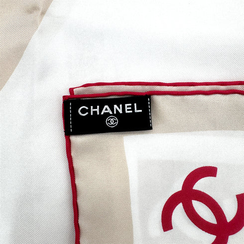 CHANEL COCOMARK SCARF BEIGE WHITE RED SILK 90301122 - PURPOSE