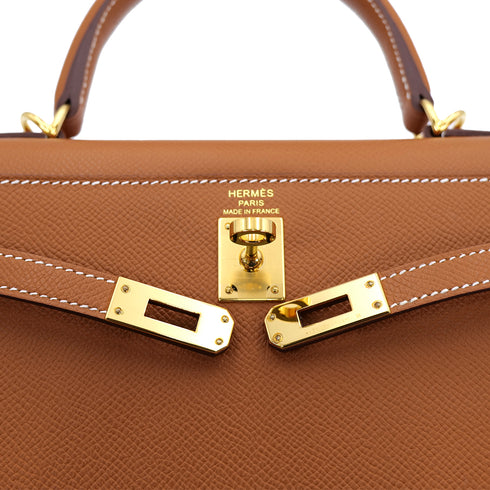 HERMES KELLY 25 SELLIER GOLD EPSOM HAND SHOULDER BAG B GHW 90301628 - PURPOSE