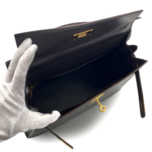 HERMES KELLY 28 SELLIER EBENE BOX CALF HAND SHOULDER BAG 〇U GHW 90301631 - PURPOSE