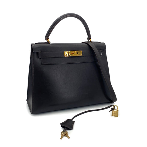 HERMES KELLY 28 SELLIER EBENE BOX CALF HAND SHOULDER BAG 〇U GHW 90301631 - PURPOSE