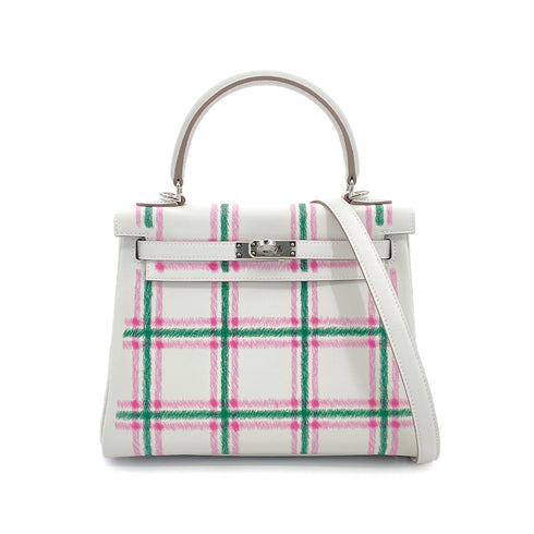 HERMES KELLY25 RETOURNE TARTAN LIGHT NEW GRIS PERLE VERT MOYEN ROSE BUBBLEGUM SWIFT K 90301644 - PURPOSE
