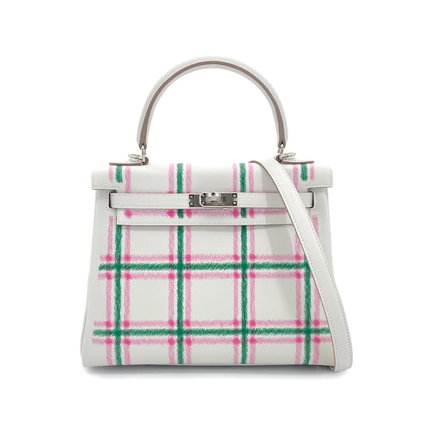 HERMES KELLY25 RETOURNE TARTAN LIGHT NEW GRIS PERLE VERT MOYEN ROSE BUBBLEGUM SWIFT K 90301644 - PURPOSE