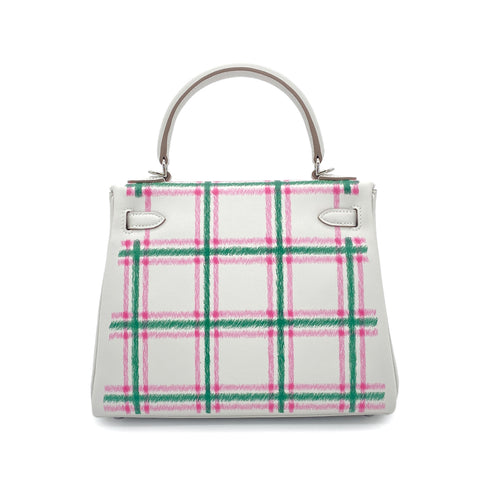 HERMES KELLY25 RETOURNE TARTAN LIGHT NEW GRIS PERLE VERT MOYEN ROSE BUBBLEGUM SWIFT K 90301644 - PURPOSE