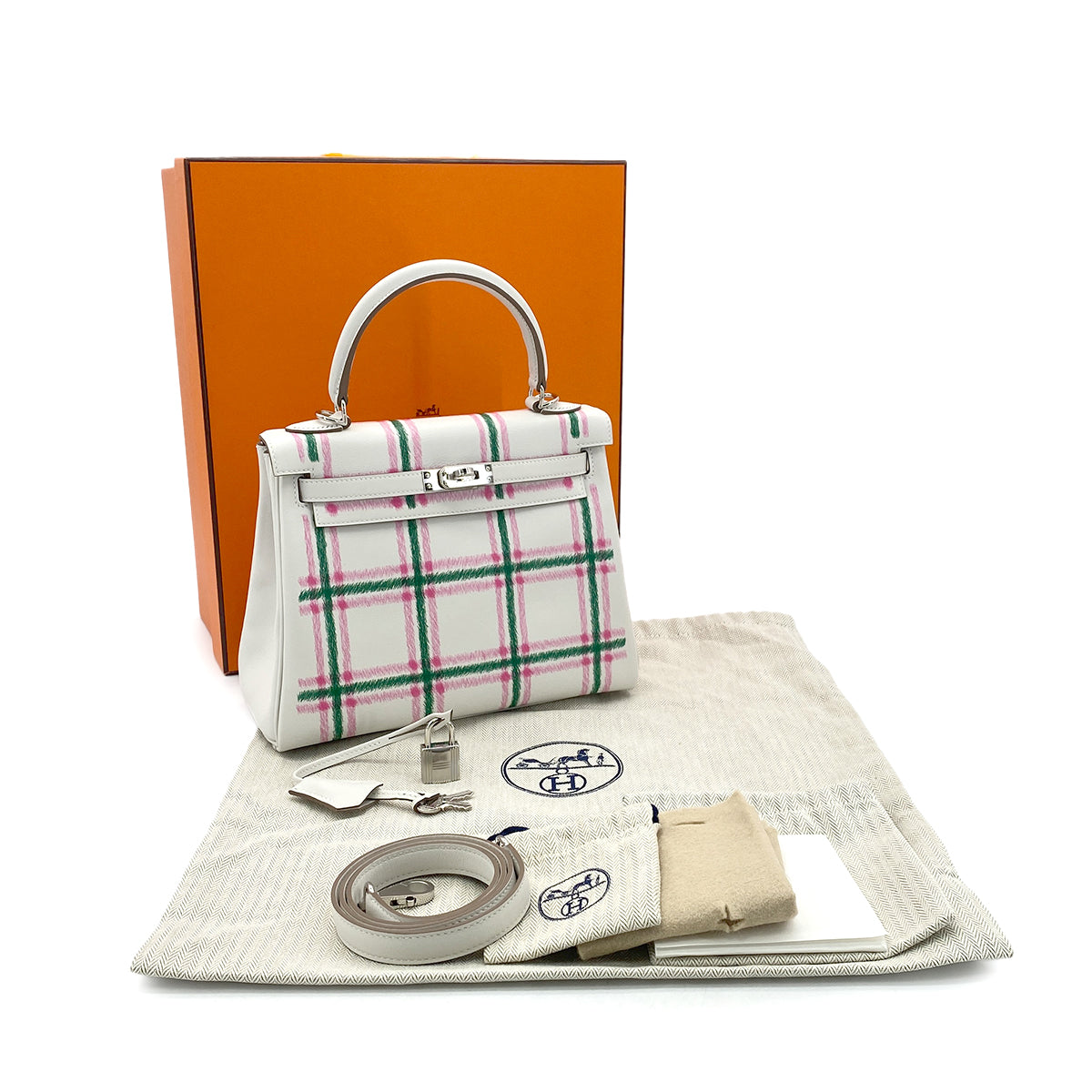 HERMES KELLY25 RETOURNE TARTAN LIGHT NEW GRIS PERLE VERT MOYEN ROSE BUBBLEGUM SWIFT K 90301644