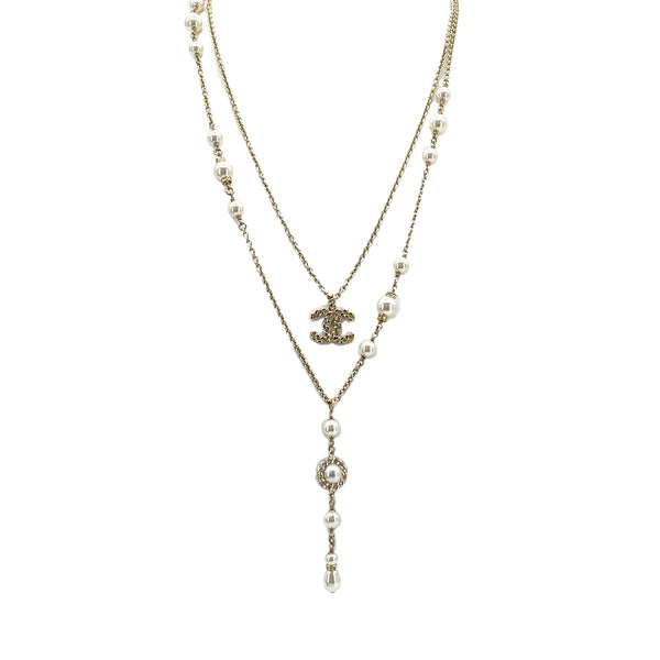 CHANEL NECKLACE COCOMARK DOUBLE CHAIN FAUX PEARL RHINESTONE ACCESSORY B19P 90301667