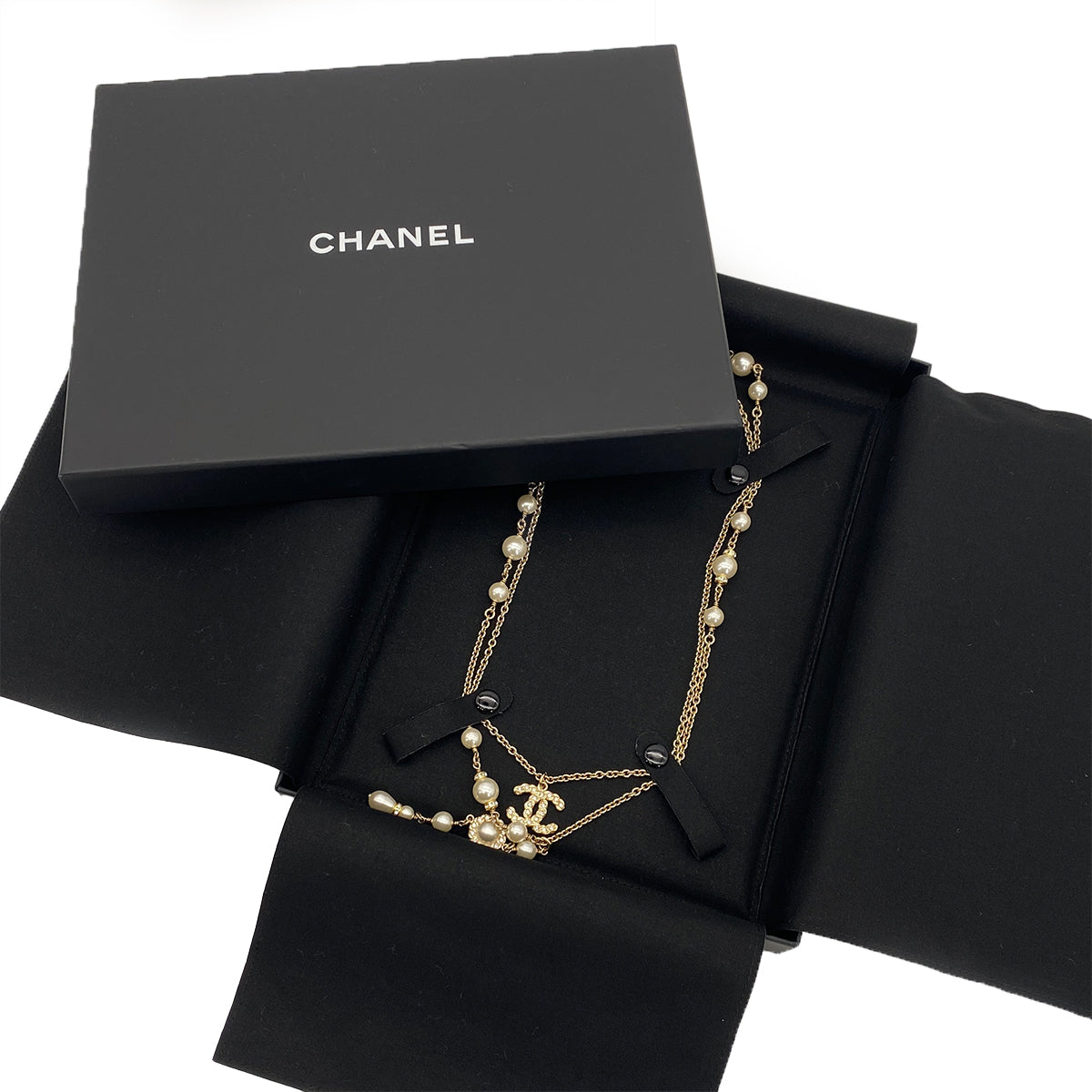 CHANEL NECKLACE COCOMARK DOUBLE CHAIN FAUX PEARL RHINESTONE ACCESSORY B19P 90301667