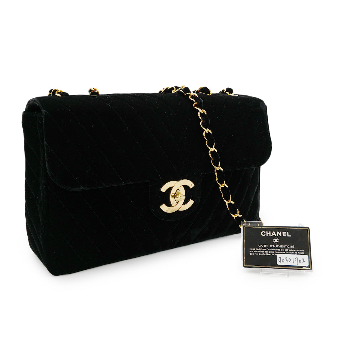 CHANEL VINTAGE MAXI CHEVRON CHAIN SHOULDER BAG BLACK VELOR 90301702