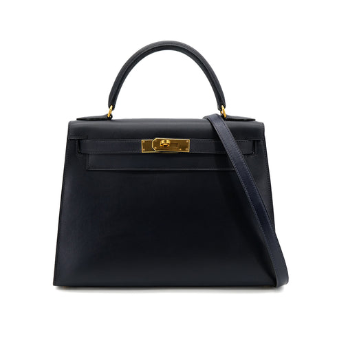HERMES KELLY 28 SELLIER BLUE INDIGO BOXCALF HAND SHOULDER BAG □C GHW 90301712 - PURPOSE