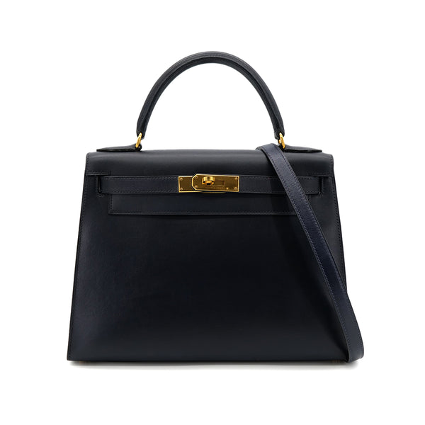 HERMES KELLY 28 SELLIER BLUE INDIGO BOXCALF HAND SHOULDER BAG □C GHW 90301712 - PURPOSE