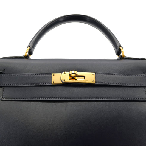 HERMES KELLY 28 SELLIER BLUE INDIGO BOXCALF HAND SHOULDER BAG □C GHW 90301712 - PURPOSE