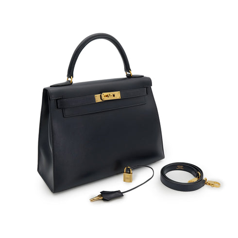 HERMES KELLY 28 SELLIER BLUE INDIGO BOXCALF HAND SHOULDER BAG □C GHW 90301712 - PURPOSE