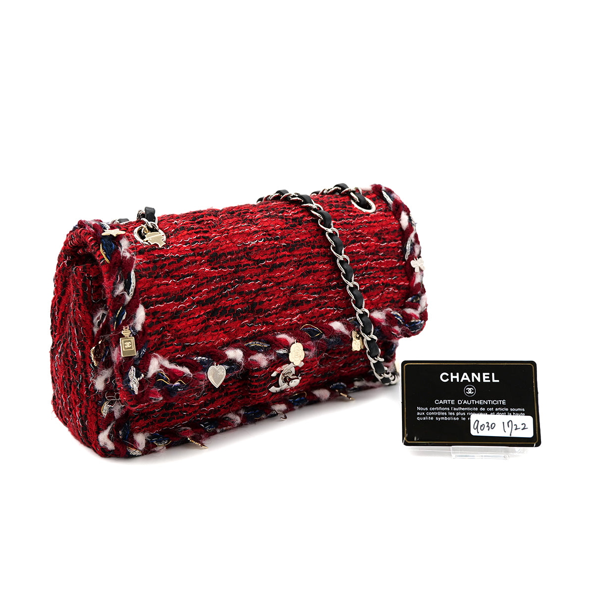 CHANEL MATELASSE CHAIN SHOULDER BAG RED TWEED ICON CHARM 90301722