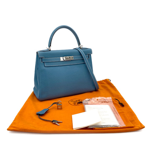 HERMES KELLY 28 RETOURNE BLUE JEAN TAURILLON CLEMENCE HAND SHOULDER BAG □J SHW 90301735 - PURPOSE