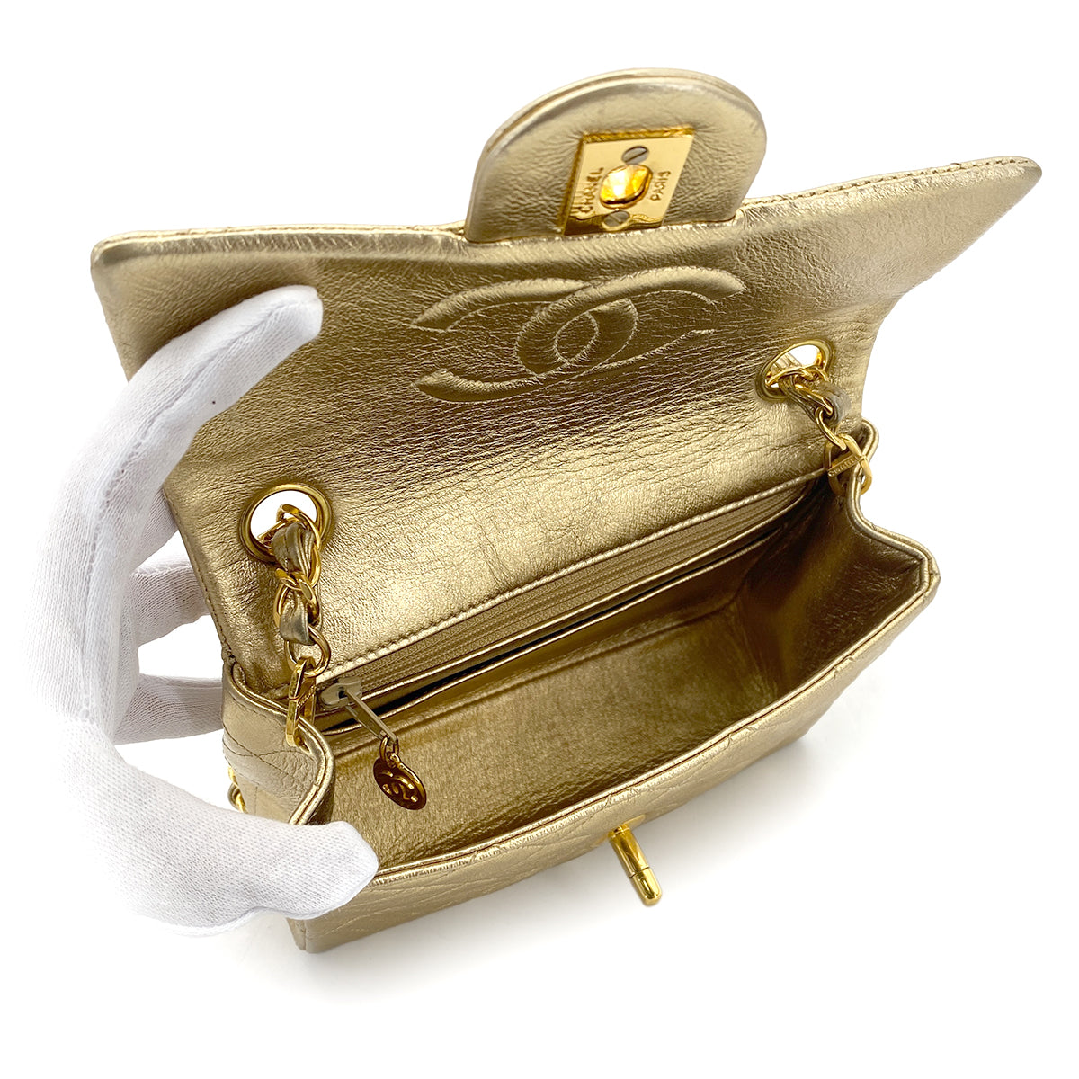 CHANEL VINTAGE MINI SQUARE 17 CHAIN SHOULDER BAG GOLD LAMB SKIN 90301738