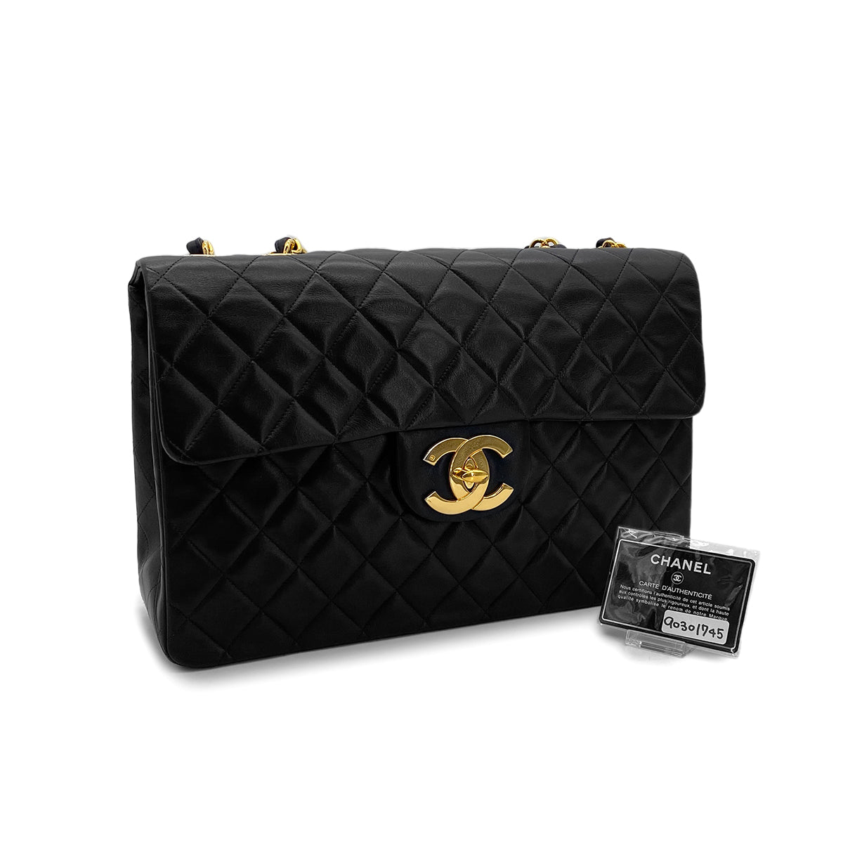 CHANEL VINTAGE MAXI MATELASSE 34 CHAIN SHOULDER BAG BLACK LAMB SKIN 90301745