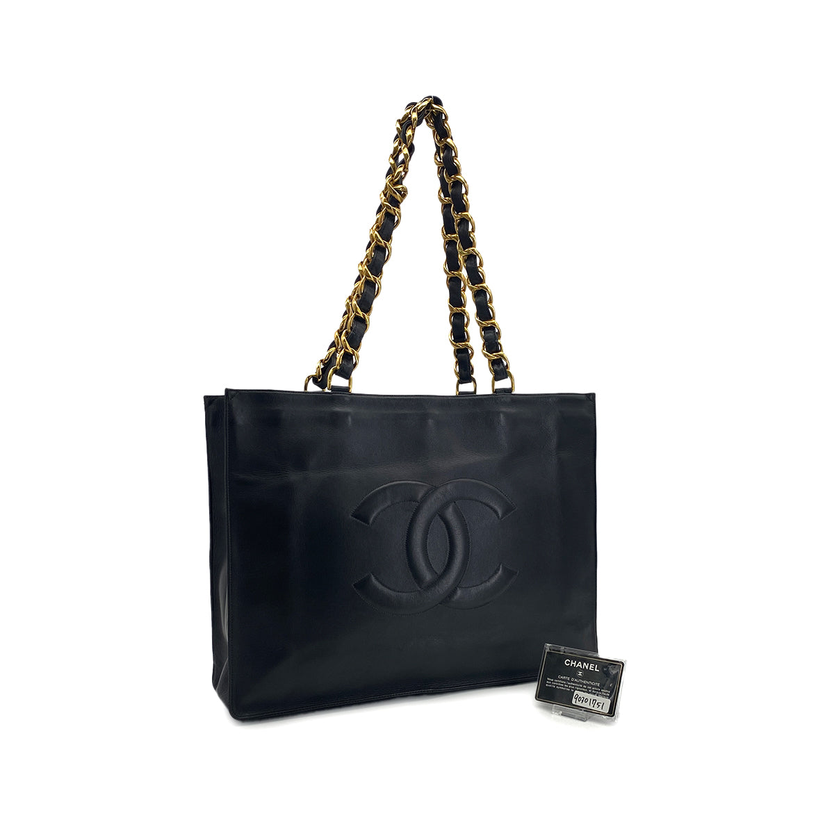 CHANEL VINTAGE BIG COCO CHAIN TOTE BAG BLACK LAMB SKIN 90301751