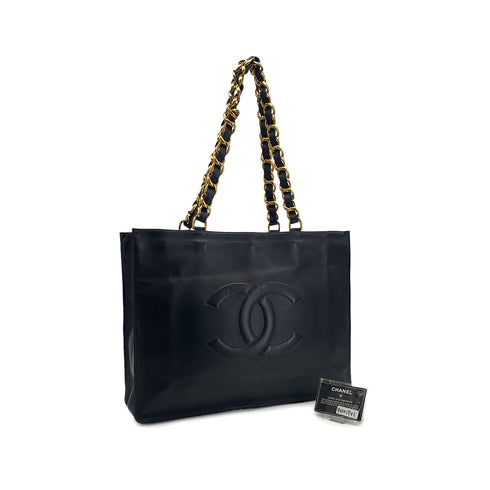 CHANEL VINTAGE BIG COCO CHAIN TOTE BAG BLACK LAMB SKIN 90301751 - PURPOSE