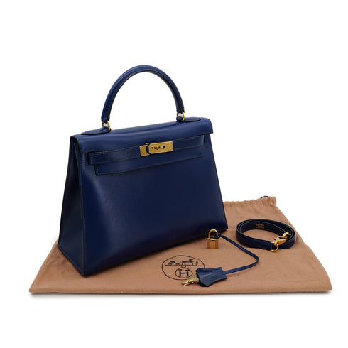 HERMES KELLY 28 SELLIER BLUE ROY BOXCALF HAND SHOULDER BAG 〇Y GHW 90302180 - PURPOSE