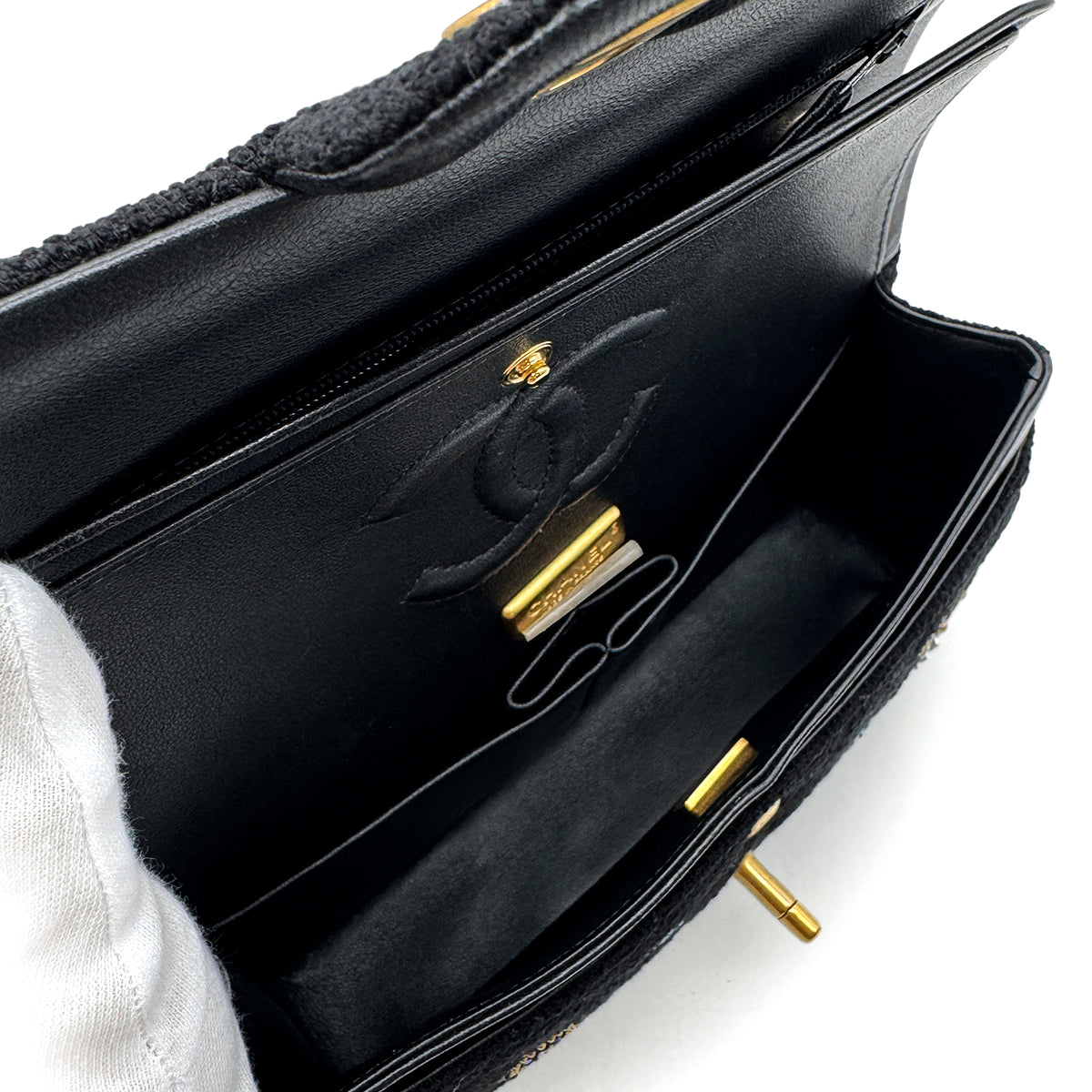 CHANEL MATELASSE CHAIN SHOULDER BAG BLACK TWEED BEADS RHINESTONE 90302336