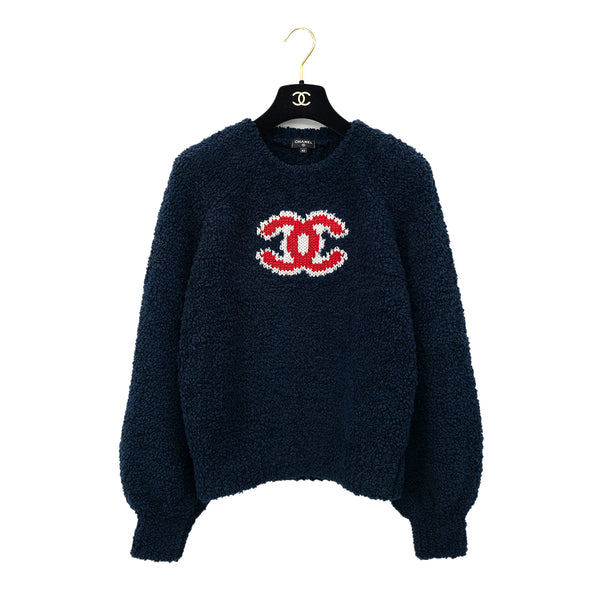 CHANEL COCOMARK TEDDY KNIT TOPS NAVY WOOL 42 P62 RTW 90302399