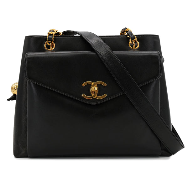 CHANEL VINTAGE TURN LOCK COCO BALL CHAIN TOTE BAG BLACK LEATHER 90302644 - PURPOSE