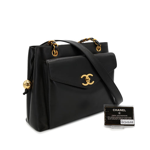 CHANEL VINTAGE TURN LOCK COCO BALL CHAIN TOTE BAG BLACK LEATHER 90302644 - PURPOSE