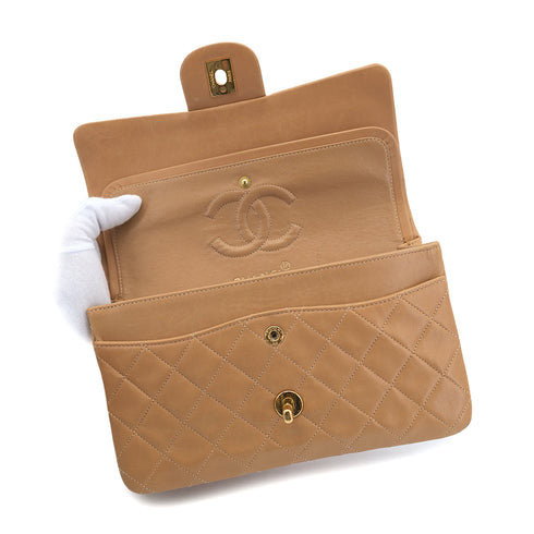 CHANEL VINTAGE CLASSIC FLAP SMALL CHAIN SHOULDER BAG CAMEL LAMB SKIN 90302649 - PURPOSE