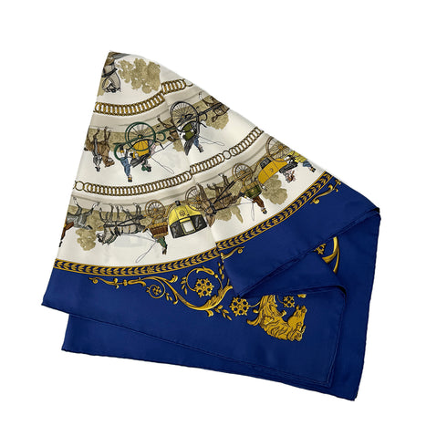 HERMES CARRE 90 LA PROMENADE DE LONGCHAMPS SCARF SILK BLUE 90302658 - PURPOSE