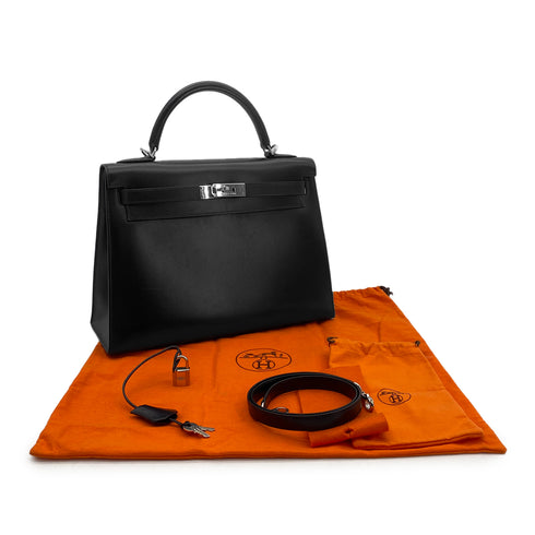 HERMES KELLY 32 SELLIER BLACK BOXCALF HAND SHOULDER BAG □F SHW 90302890 - PURPOSE