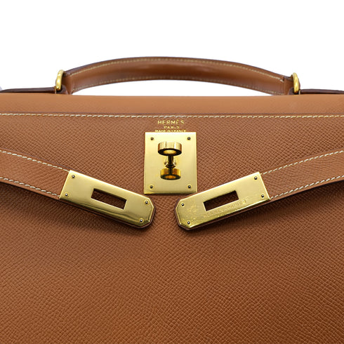 HERMES KELLY 28 SELLIER GOLD COUCHEVEL HAND SHOULDER BAG 〇X GHW 90302938 - PURPOSE