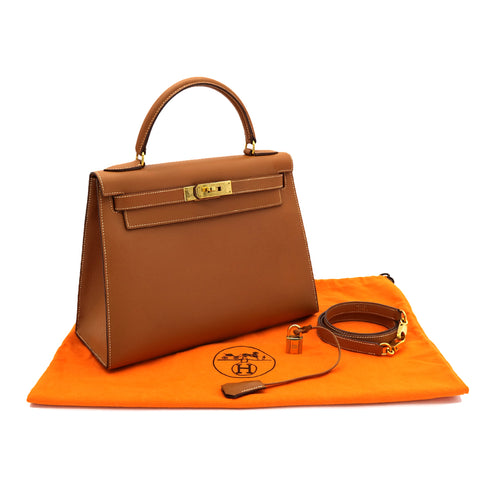 HERMES KELLY 28 SELLIER GOLD COUCHEVEL HAND SHOULDER BAG 〇X GHW 90302938 - PURPOSE