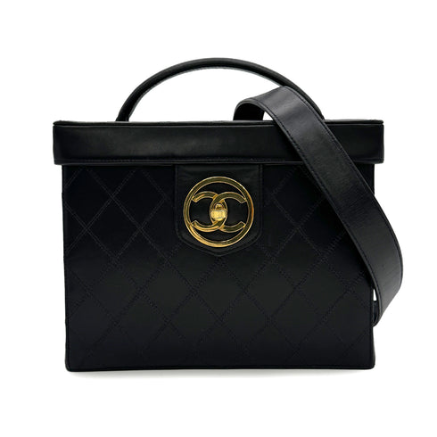 CHANEL VINTAGE BICOLORE 2WAY VANITY HAND SHOULDER BAG BLACK LAMB SKIN 90302941