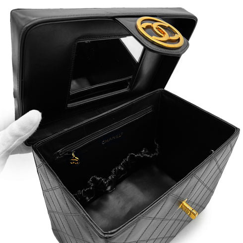 CHANEL VINTAGE BICOLORE 2WAY VANITY HAND SHOULDER BAG BLACK LAMB SKIN 90302941