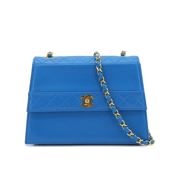 CHANEL VINTAGE MATELASSE TRAPEZOID CHAIN SHOULDER BAG BLUE LAMB SKIN 90303009 - PURPOSE