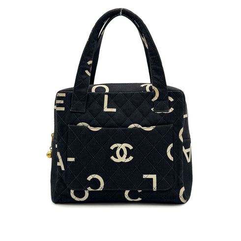 CHANEL VINTAGE MATELASSE LOGO HAND BAG BLACK WHITE CANVAS 90303315 - PURPOSE