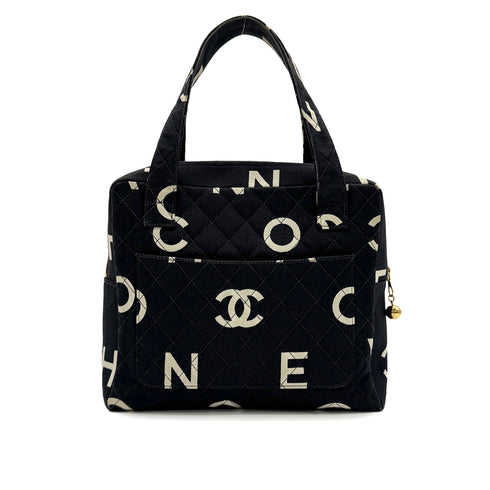 CHANEL VINTAGE MATELASSE LOGO HAND BAG BLACK WHITE CANVAS 90303315 - PURPOSE