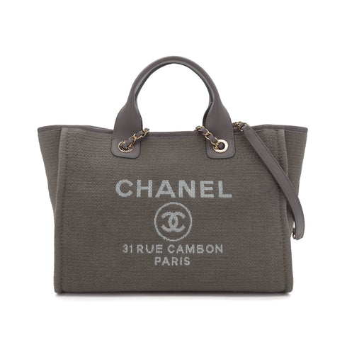 CHANEL DEAUVILLE MM LOGO CHAIN TOTE BAG GRAY CANVAS LEATHER 90303733 - PURPOSE